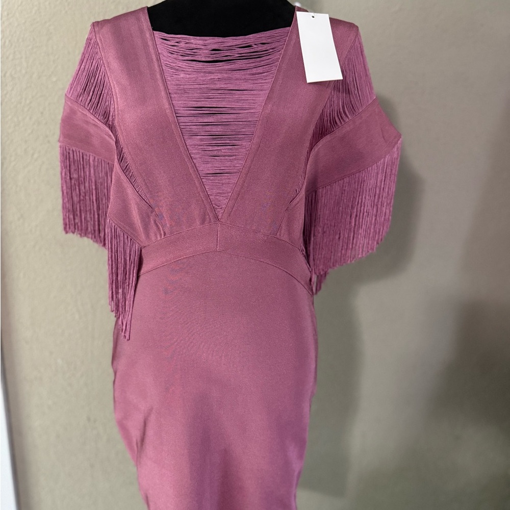 WOW couture Mauve Fringe V-Neck Midi Dress